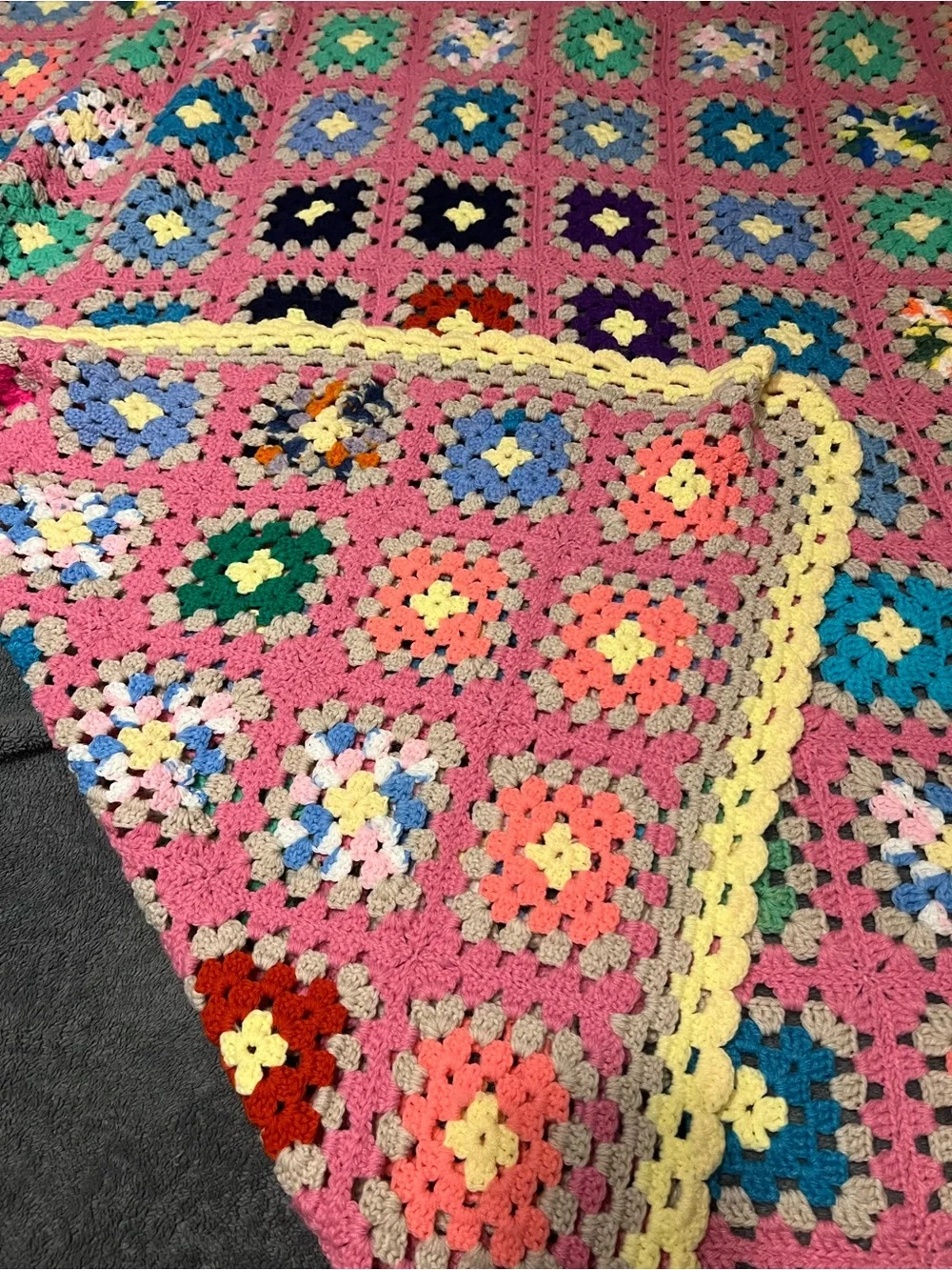 Handmade Pink Multicolor Granny Square Crochet Blanket